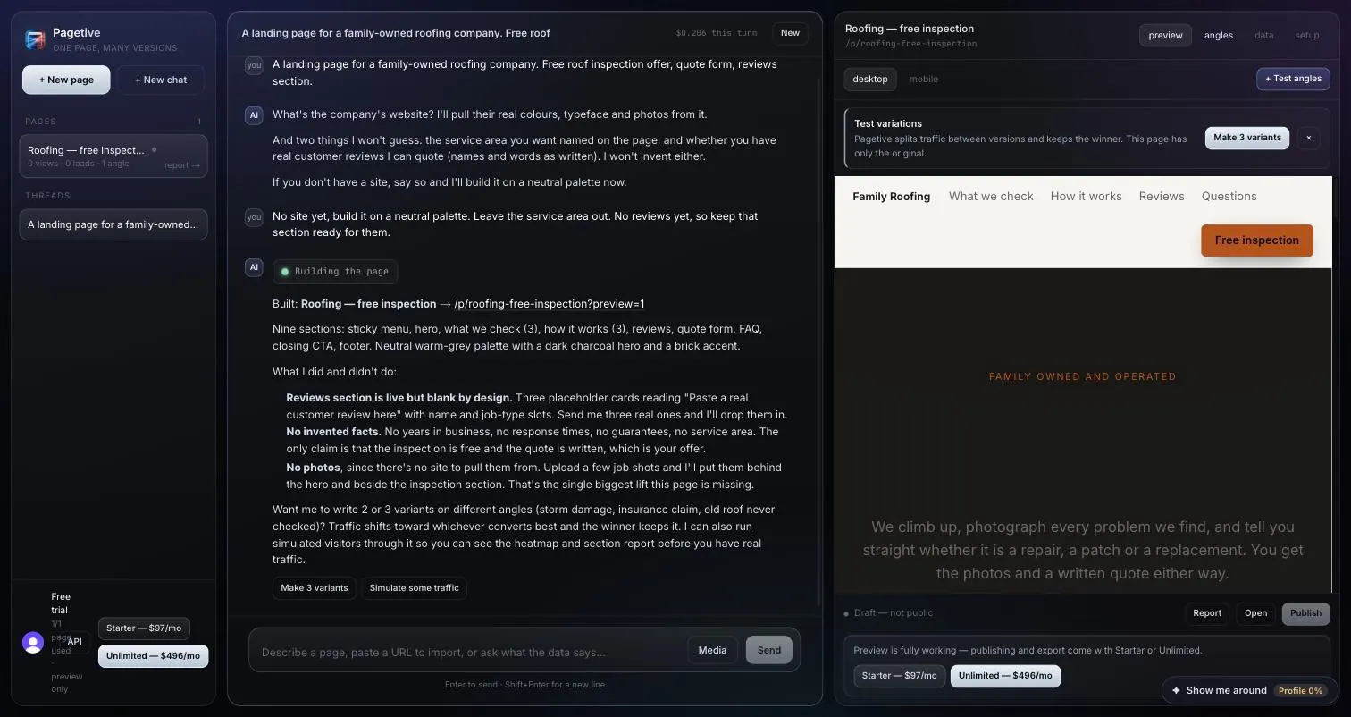 A landing page being built from one sentence in the chat